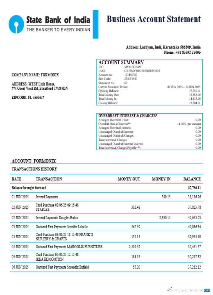 Download India State Bank of India business bank company statement Word and PDF format Photoshop template
